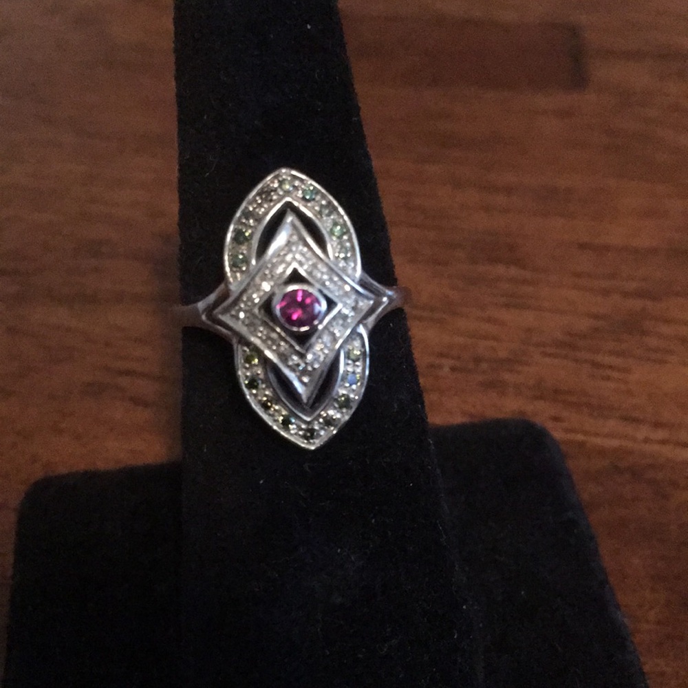 14kwg Ring with Purple, Green, White Diamonds